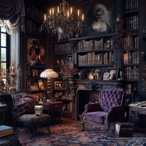 Salón de estar decorado con elementos vintage y oscuros, adecuados para un Murder Party. Es una imagen de un ejemplo complicado de conseguir, pero es para ayudar a imaginarse de qué va el post.