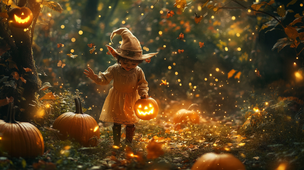Niña jugando con una calabaza de halloween en un entorno mágico.
